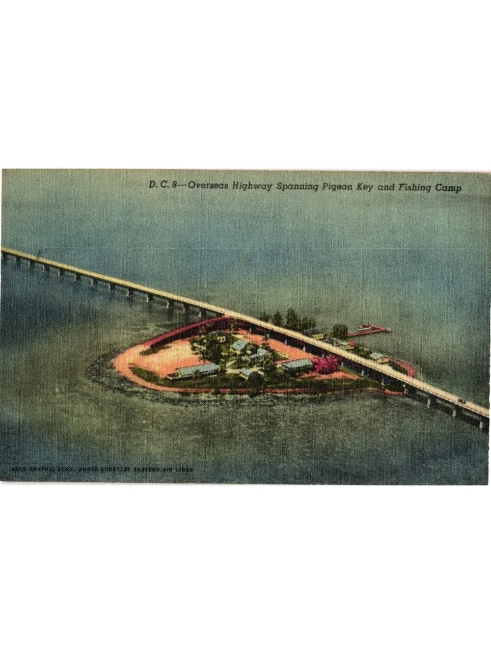 D. C. B.–Overseas Highway Spanning Pigeon Key & Fishing Camp Linen Postcard